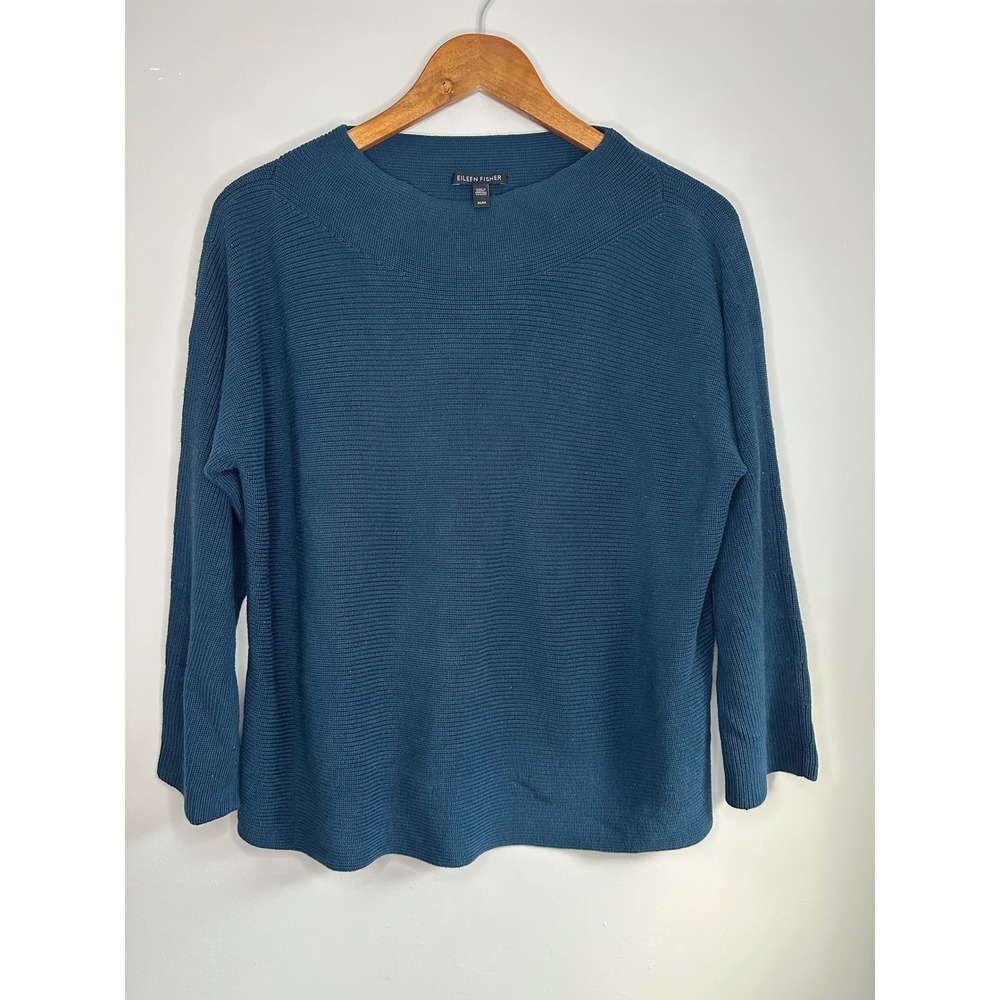 Eileen Fisher Silk Organic Cotton Sweater Womens M Teal Blue EUC Ribbed Knit